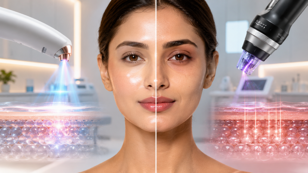 Split-face comparison showing Thulium Laser skin glow improvement on one side and Morpheus8 skin tightening and lifting results on the other, in a modern dermatology clinic setting