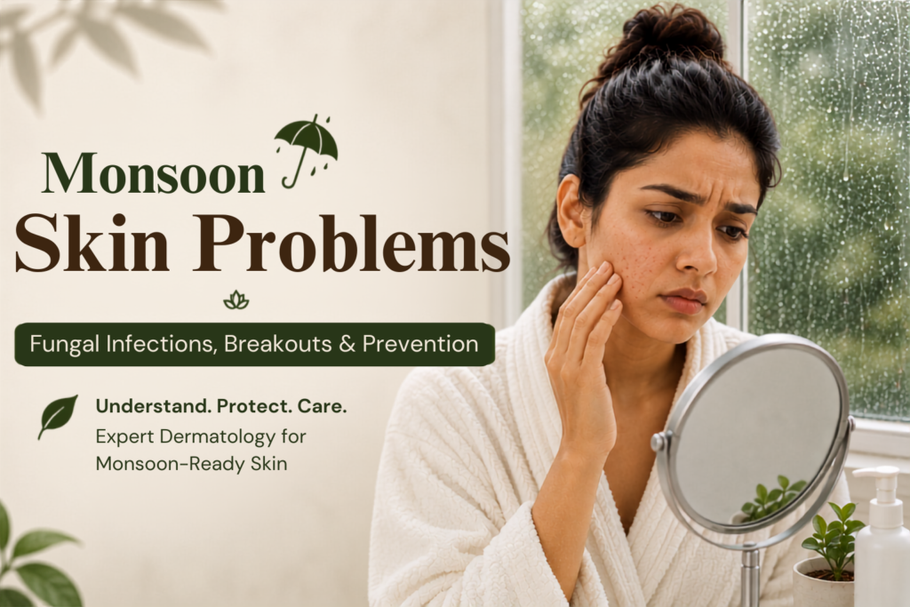 Monsoon Skin Problems in Raipur: Fungal Infections, Breakouts & Prevention 1 monsoon skin problems banner, woman checking acne breakouts in mirror, fungal infections and prevention skincare tips