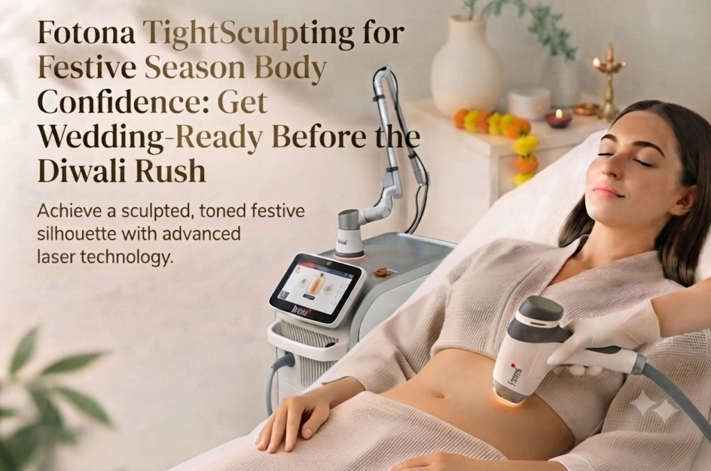 Woman receiving a Fotona TightSculpting laser body contouring treatment on her stomach for festive season skin tightening and body sculpting.