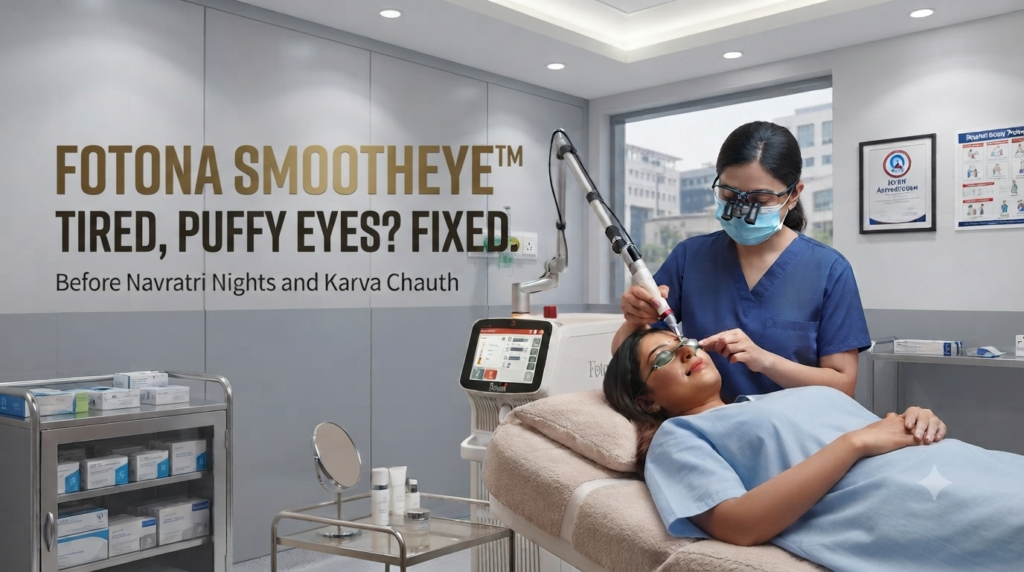 Dermatologist performing Fotona SmoothEye laser treatment on a patient's under-eye area for dark circles and eye bag reduction.