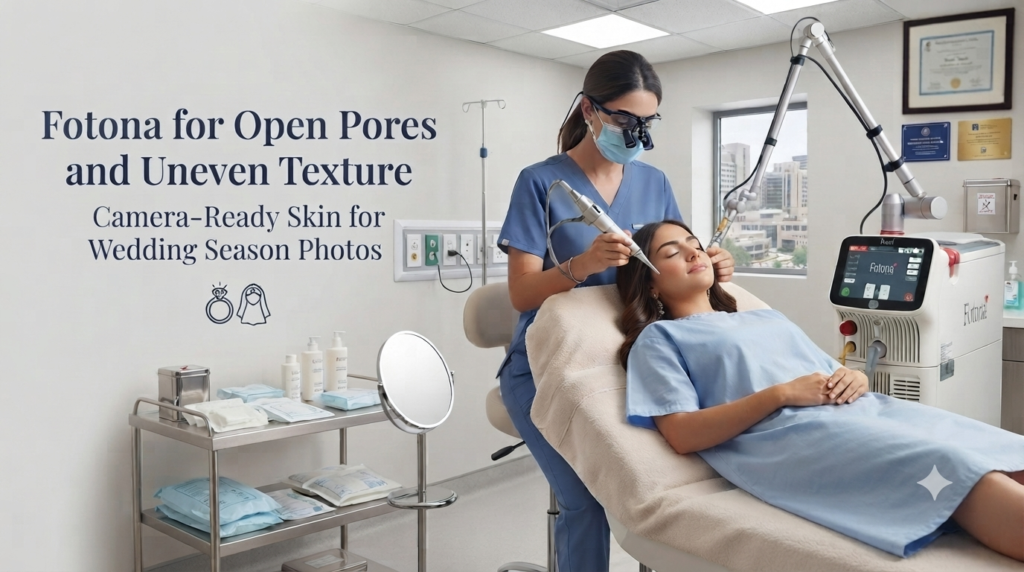 Dermatologist administering a Fotona laser facial treatment on a patient's face for open pores reduction and skin texture refinement.