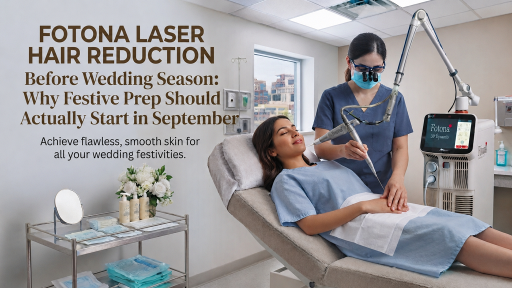 Dermatologist performing Fotona laser hair reduction on a patient's arm for smooth, hair-free skin before the wedding season.