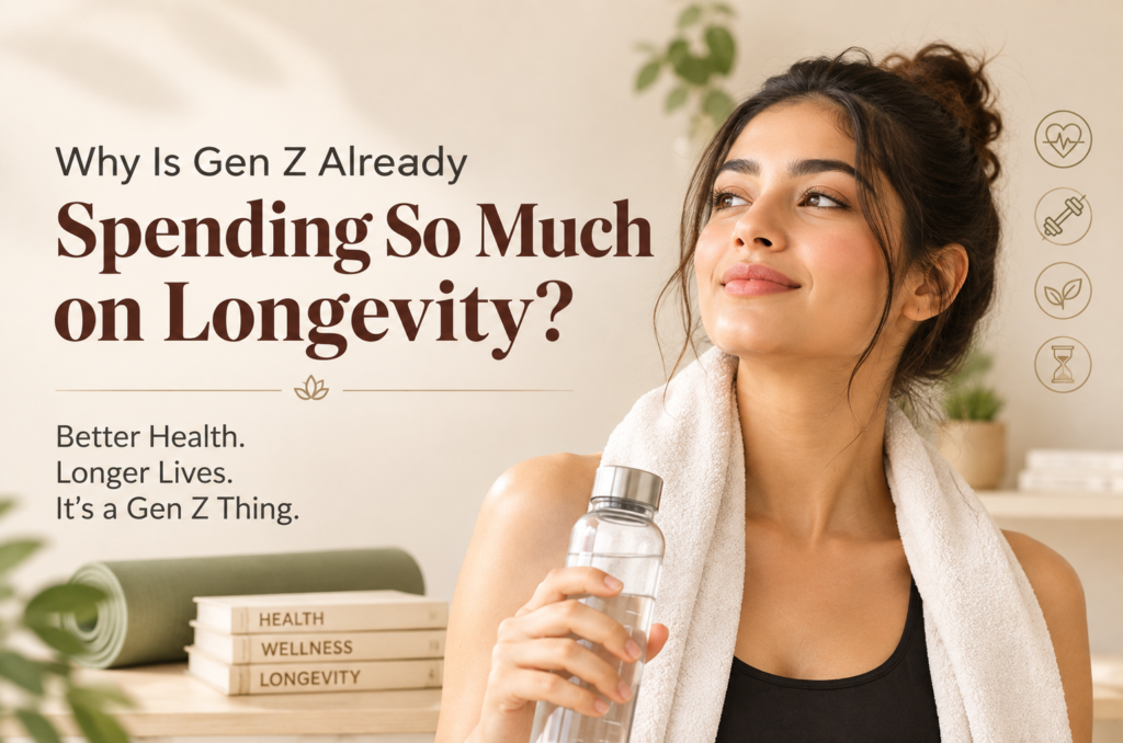 Gen Z woman holding longevity supplement, anti-aging skincare trend