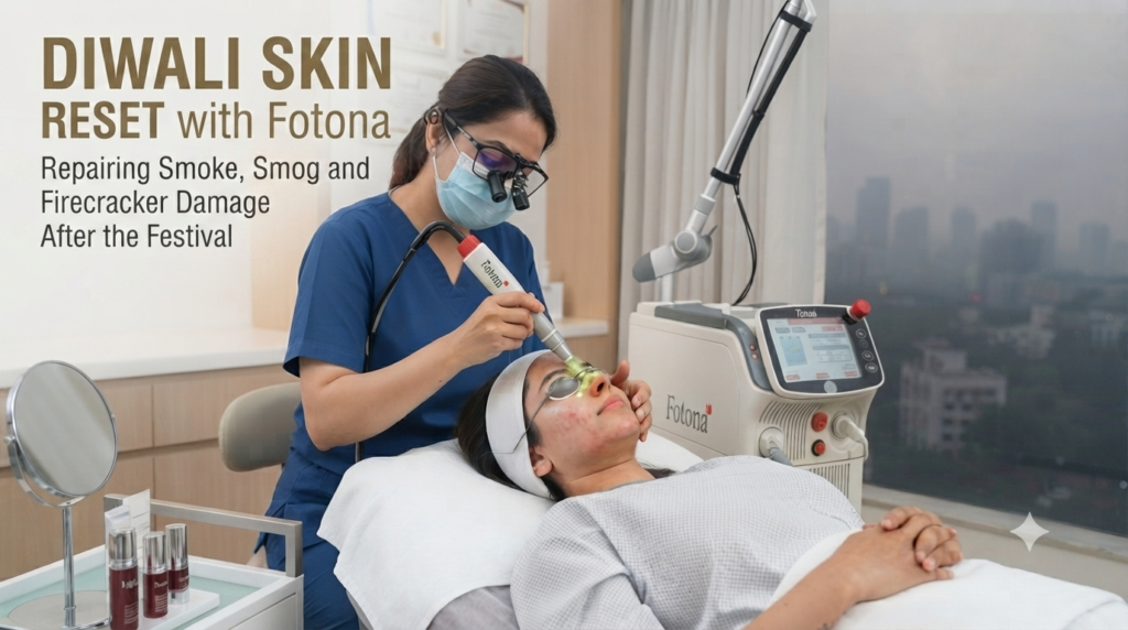 Dermatologist performing a Fotona laser skin treatment on a patient's face for post-Diwali skin rejuvenation and pollution damage repair.